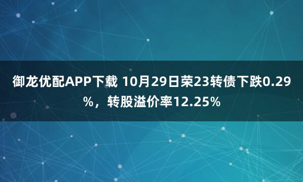 御龙优配APP下载 10月29日荣23转债下跌0.29%，转股溢价率12.25%